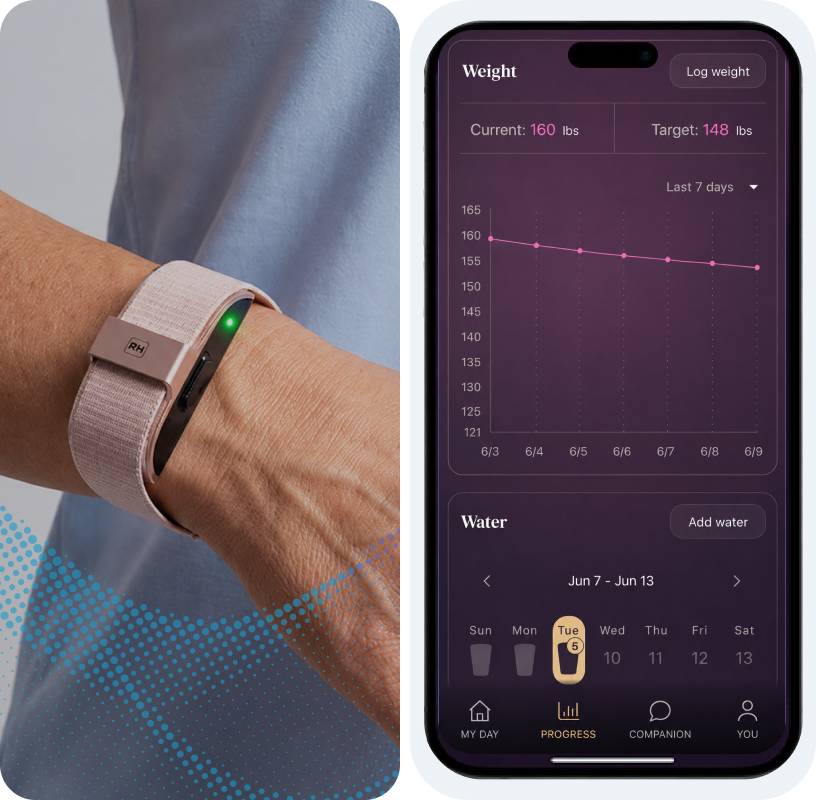 RH Band on a wrist next to the RH app weight tracking screen