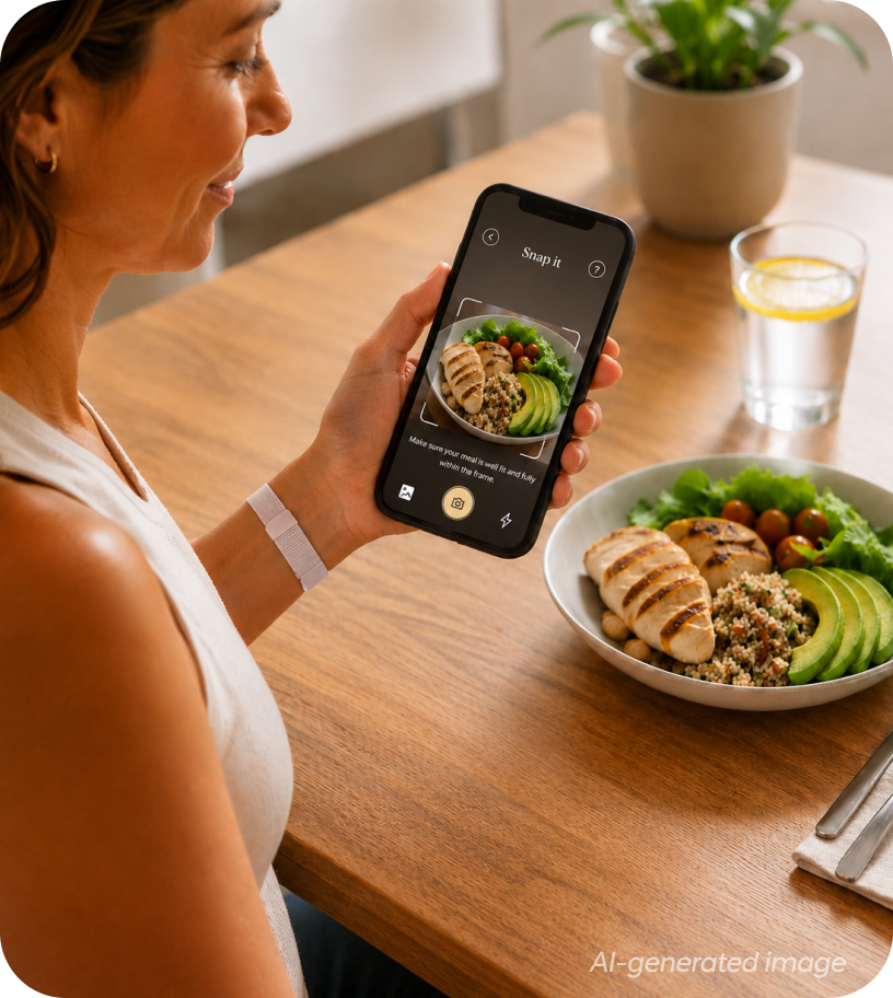Woman photographing her meal with the RH app to log calories