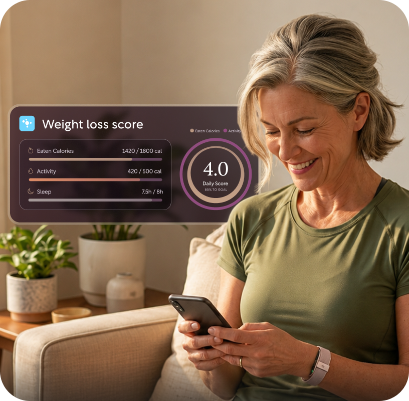 Woman checking her phone with Weight loss score overlay, daily score 4.0