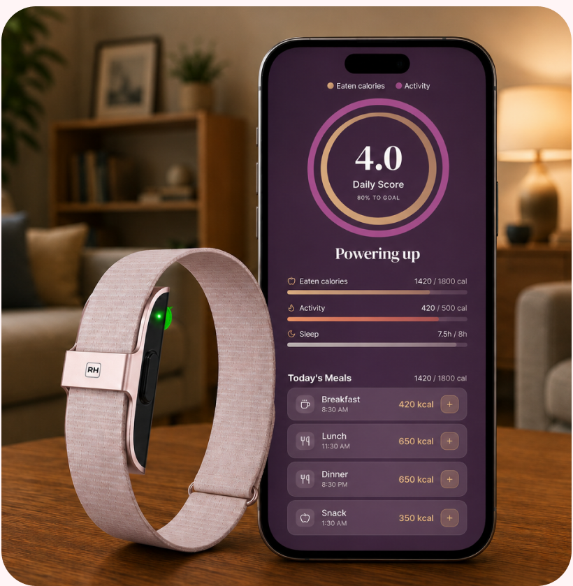 RH Band next to a phone showing the daily Weight Loss Score of 4.0