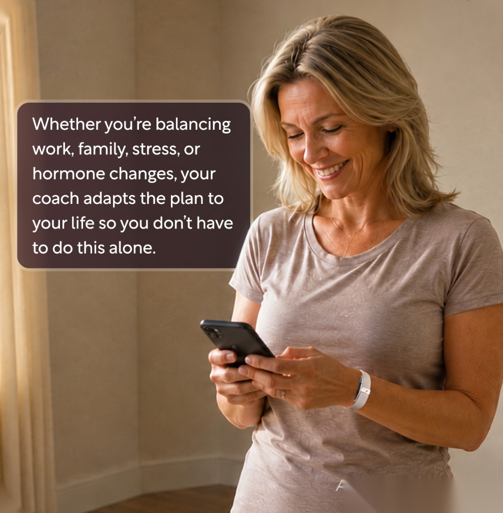 Woman smiling at her phone while wearing the RH Band, with coach message overlay